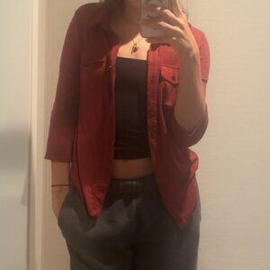 Size Extra Small Red Button Down 3/4 Sleeve Collared Shirt